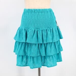 Michael Kors Women Turquoise Stretch Eyelet Smocked Tiered Ruffled Skirt Size S